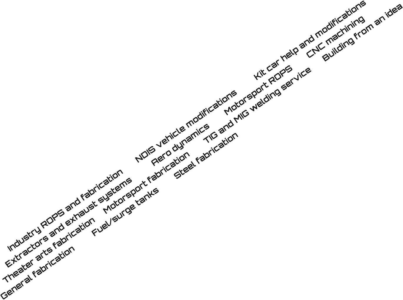 Industry ROPS and fabrication		NDIS vehicle modifications			Kit car help and modifications Extractors and exhaust systems			Aero dynamics		Motorsport ROPS		CNC machining		 Theater arts fabrication		Motorsport fabrication		TIG and MIG welding service		Building from an idea General fabrication 		Fuel/surge tanks		Steel fabrication