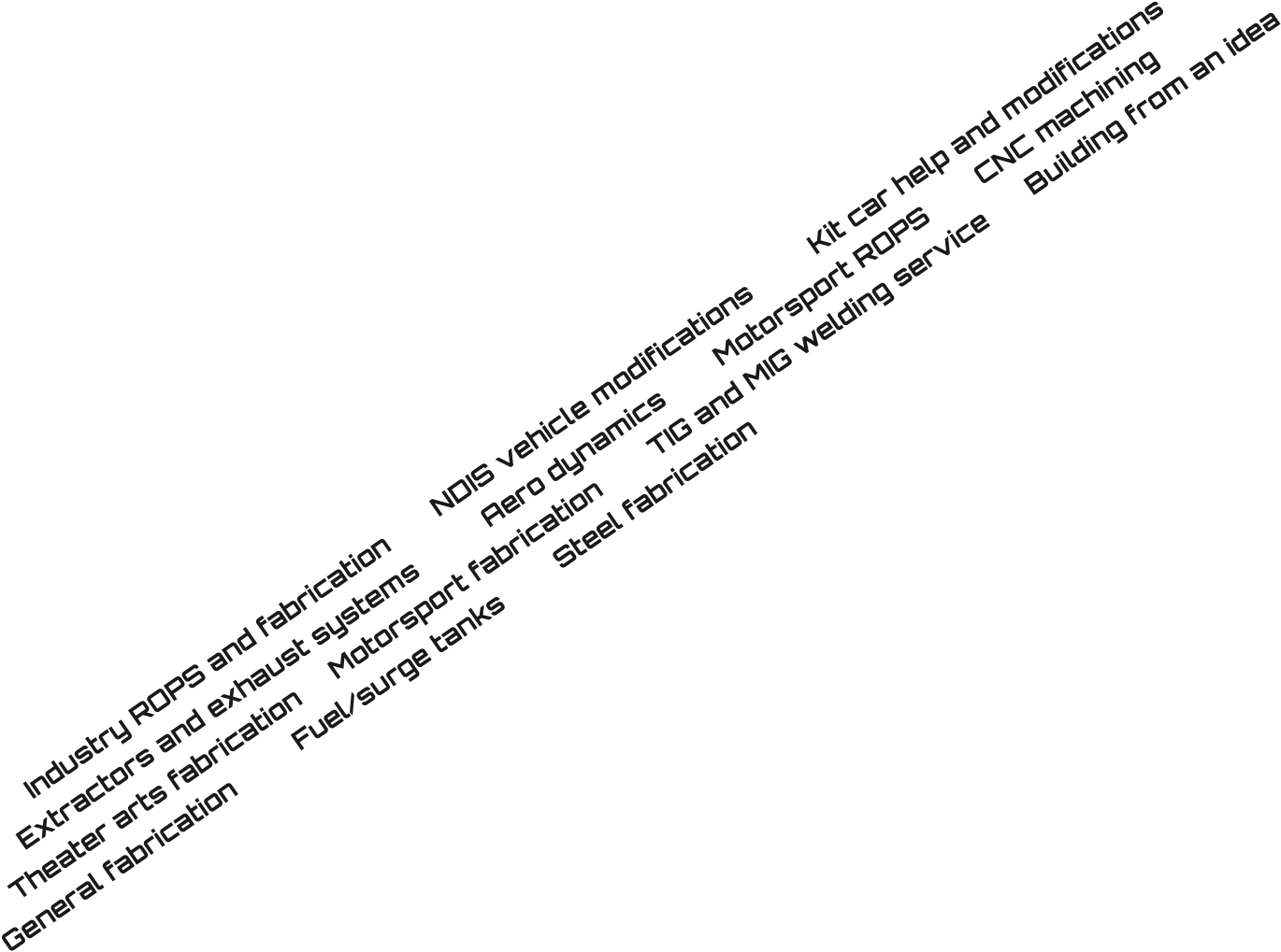 Industry ROPS and fabrication		NDIS vehicle modifications			Kit car help and modifications Extractors and exhaust systems			Aero dynamics		Motorsport ROPS		CNC machining		 Theater arts fabrication		Motorsport fabrication		TIG and MIG welding service		Building from an idea General fabrication 		Fuel/surge tanks		Steel fabrication